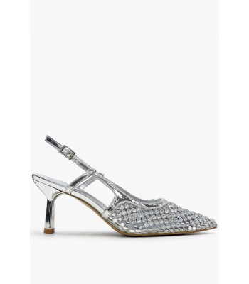 Ασημί slingback γόβα με στρας και λεπτό τακούνι