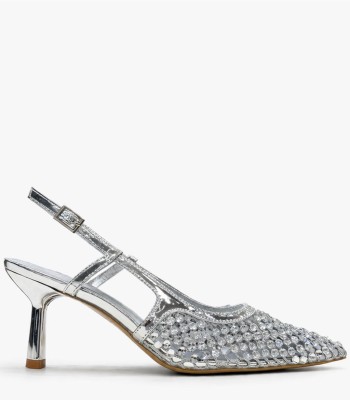 Ασημί slingback γόβα με στρας και λεπτό τακούνι