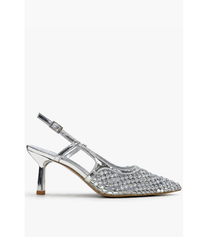 Ασημί slingback γόβα με στρας και λεπτό τακούνι