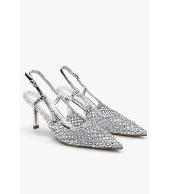 Ασημί slingback γόβα με στρας και λεπτό τακούνι