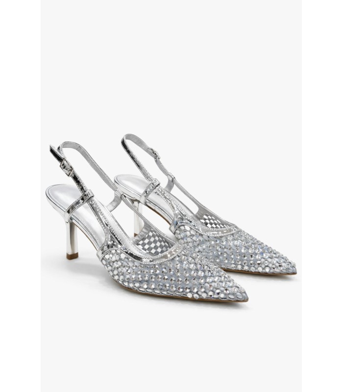 Ασημί slingback γόβα με στρας και λεπτό τακούνι