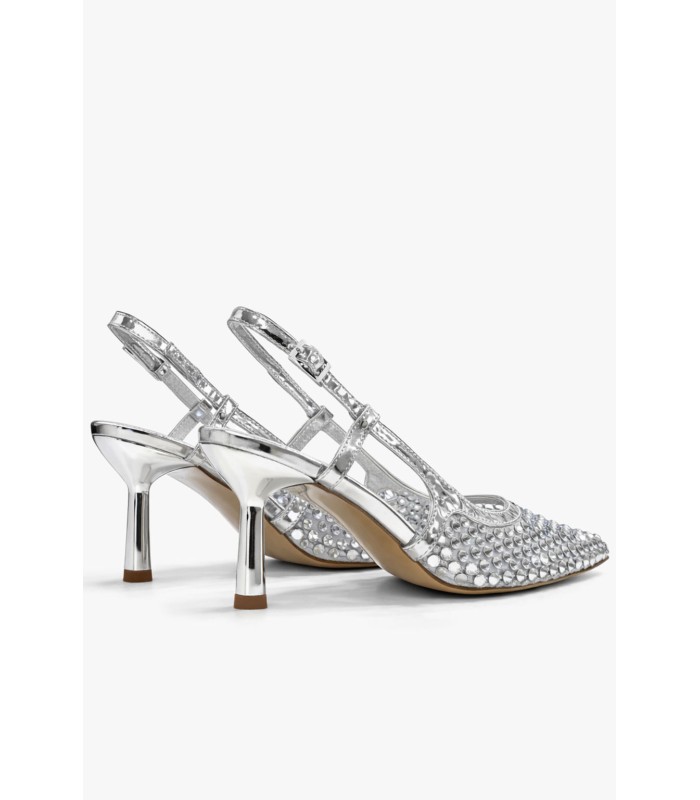 Ασημί slingback γόβα με στρας και λεπτό τακούνι