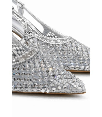 Ασημί slingback γόβα με στρας και λεπτό τακούνι