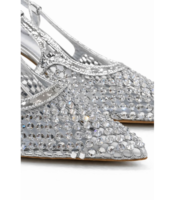 Ασημί slingback γόβα με στρας και λεπτό τακούνι
