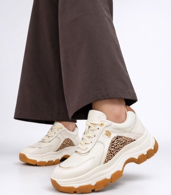Μπεζ γυναικείο chunky sneaker με animal λεπτομέρεια