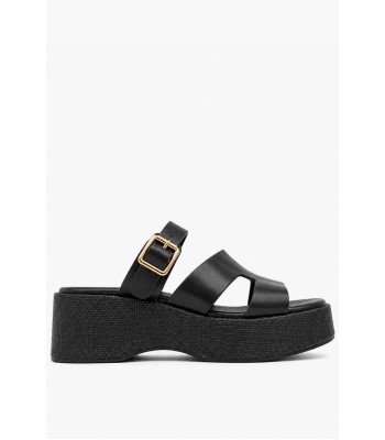 Μαύρο flatform με αγκράφα και ψάθινη πλατφόρμα