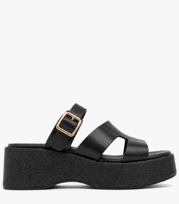 Μαύρο flatform με αγκράφα και ψάθινη πλατφόρμα