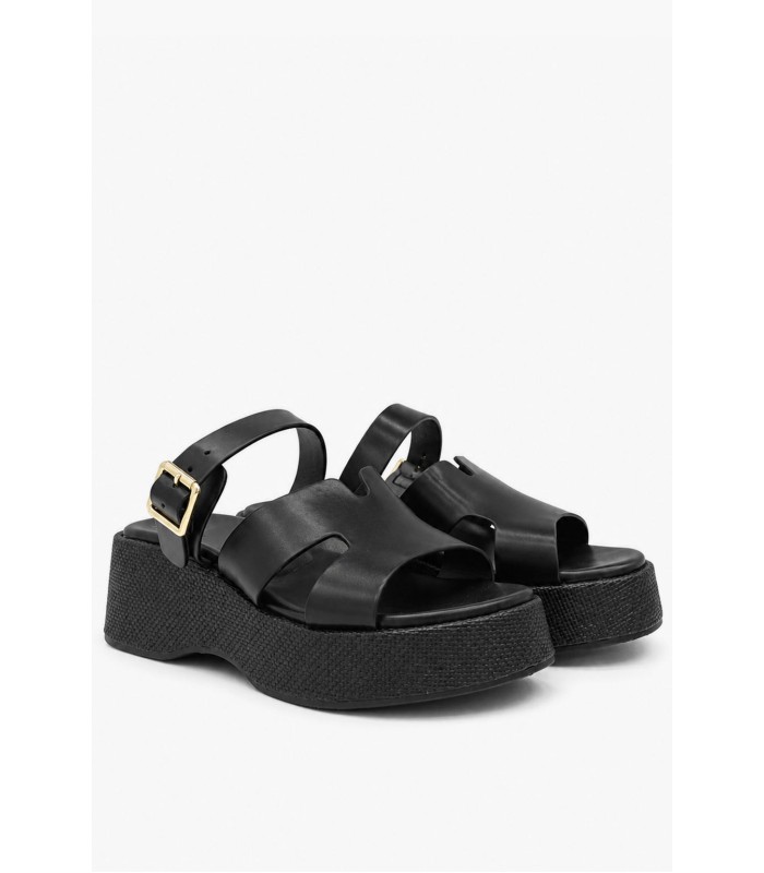 Μαύρο flatform με αγκράφα και ψάθινη πλατφόρμα