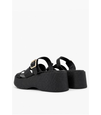 Μαύρο flatform με αγκράφα και ψάθινη πλατφόρμα