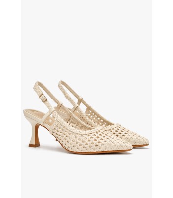 Μπεζ slingback γόβα με πλέξη και ψηλό τακούνι