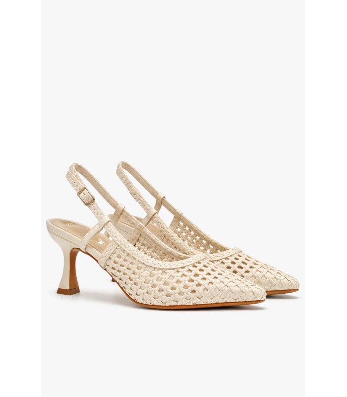 Μπεζ slingback γόβα με πλέξη και ψηλό τακούνι