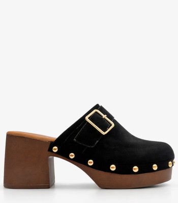 Μαύρα clogs με τακούνι και χρυσή αγκράφα