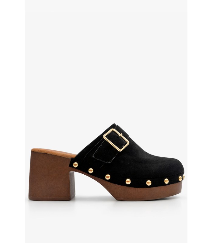Μαύρα clogs με τακούνι και χρυσή αγκράφα