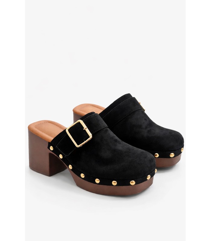 Μαύρα clogs με τακούνι και χρυσή αγκράφα