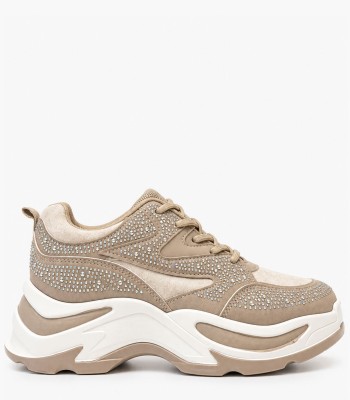 Μπεζ sneakers με στρας και chunky σόλα