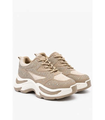 Μπεζ sneakers με στρας και chunky σόλα