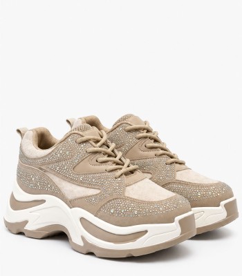 Μπεζ sneakers με στρας και chunky σόλα