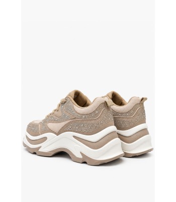 Μπεζ sneakers με στρας και chunky σόλα
