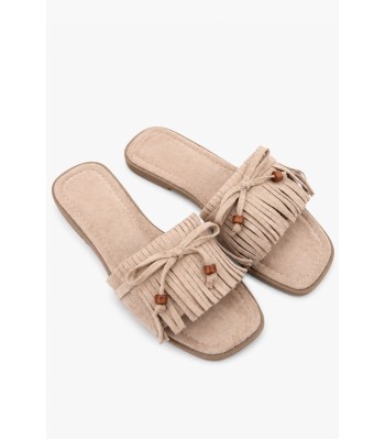 Μπεζ boho σανδάλι με κρόσσια και φιόγκο