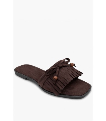 Καφέ boho σανδάλι με κρόσσια και φιόγκο