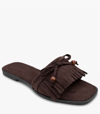 Καφέ boho σανδάλι με κρόσσια και φιόγκο