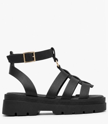 Μαύρα gladiator σανδάλια με chunky σόλα και αγκράφα