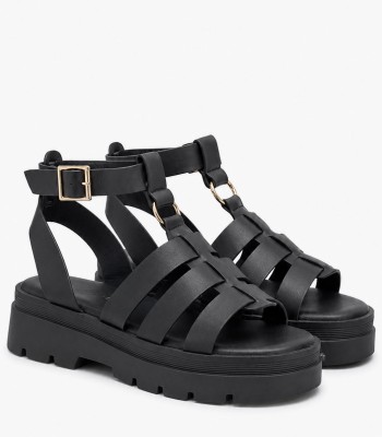 Μαύρα gladiator σανδάλια με chunky σόλα και αγκράφα