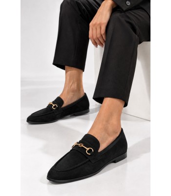 Μαύρα μοκασίνια suede με χρυσή αγκράφα