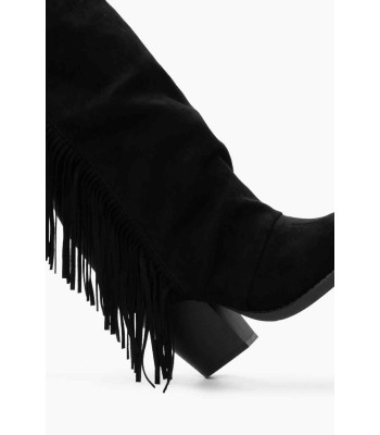 Μαύρη suede μπότα με κρόσσια και χοντρό τακούνι