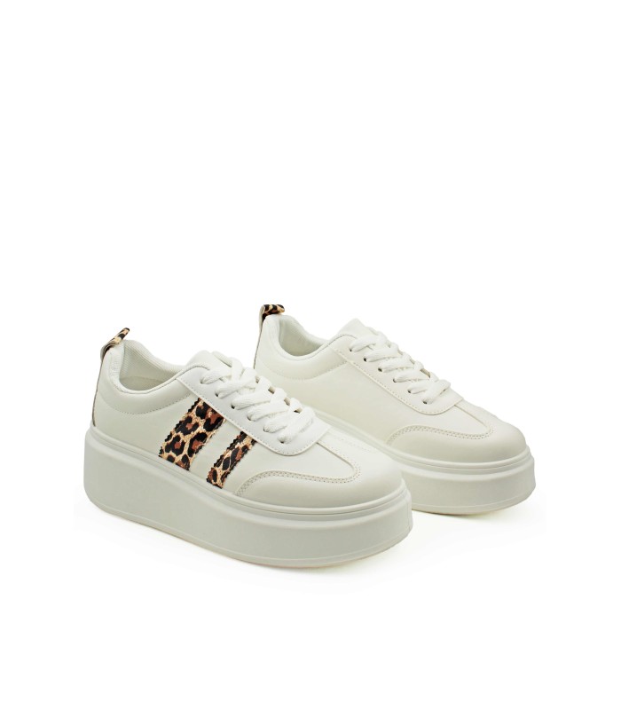 Γυναικεία λευκά sneakers με leopard λεπτομέρειες και χοντρή σόλα