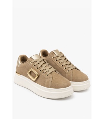 Μπεζ sneakers με χρυσές λεπτομέρειες και ψηλή σόλα