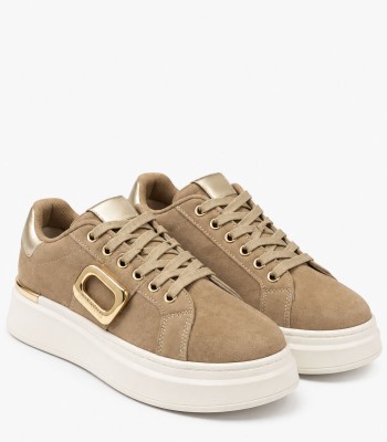 Μπεζ sneakers με χρυσές λεπτομέρειες και ψηλή σόλα