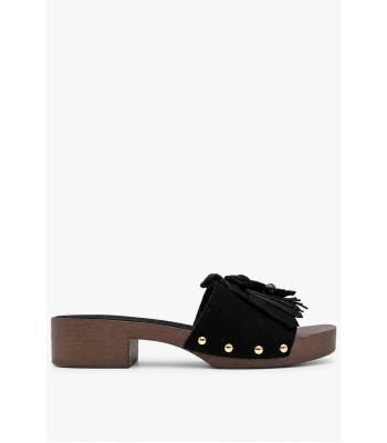 Μαύρο mule suede με κρόσσια και διακοσμητικά