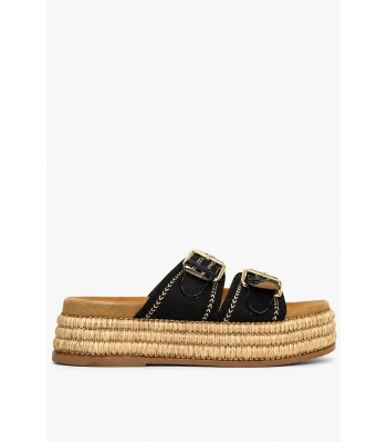 Μαύρο flatform με αγκράφες και ψάθινη σόλα