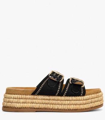 Μαύρο flatform με αγκράφες και ψάθινη σόλα