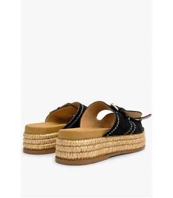Μαύρο flatform με αγκράφες και ψάθινη σόλα
