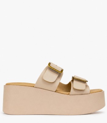Μπεζ flatform γυναικείο με διπλές αγκράφες και ψηλή σόλα