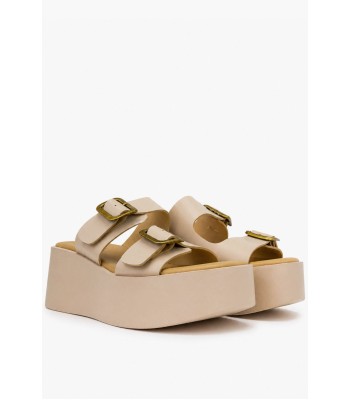 Μπεζ flatform γυναικείο με διπλές αγκράφες και ψηλή σόλα