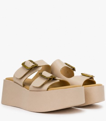 Μπεζ flatform γυναικείο με διπλές αγκράφες και ψηλή σόλα