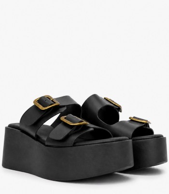Μαύρο flatform γυναικείο με διπλές αγκράφες και ψηλή σόλα