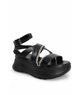 Γυναικείο flatform σε μαύρο με διακοσμητικά strass και μοντέρνο σχεδιασμό