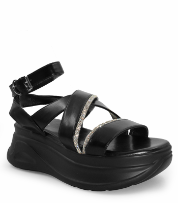 Γυναικείο flatform σε μαύρο με διακοσμητικά strass και μοντέρνο σχεδιασμό