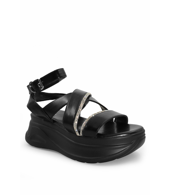 Γυναικείο flatform σε μαύρο με διακοσμητικά strass και μοντέρνο σχεδιασμό