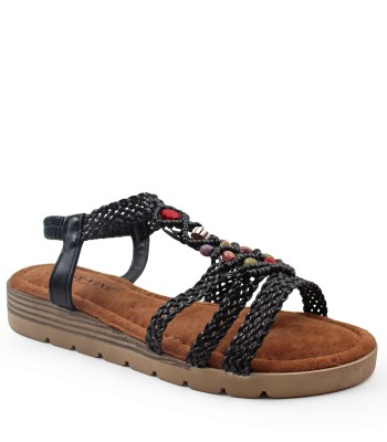 Boho σανδάλι σε μαύρο χρώμα με πλεκτά λουράκια και χάντρες