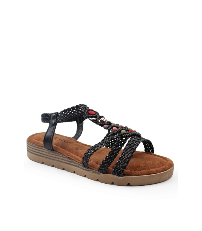 Boho σανδάλι σε μαύρο χρώμα με πλεκτά λουράκια και χάντρες
