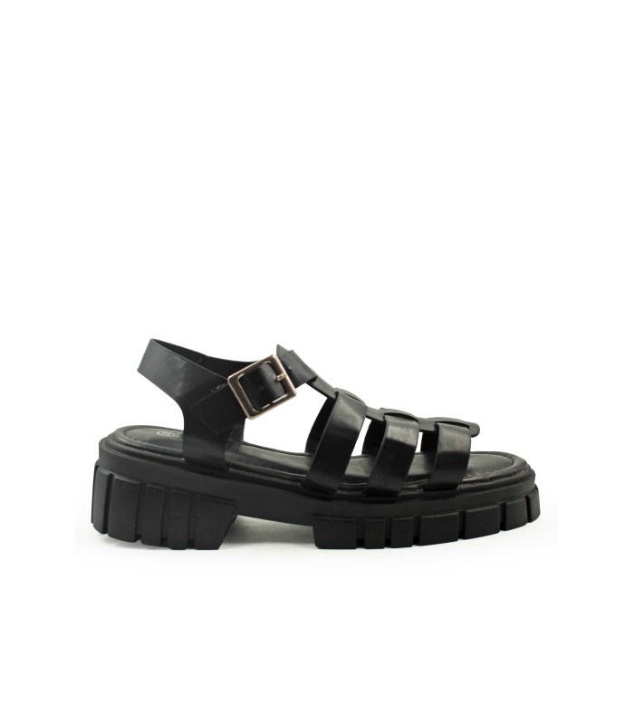 Flatform σε μαύρο χρώμα με φαρδιές πλεκτές φάσες και αγκράφα