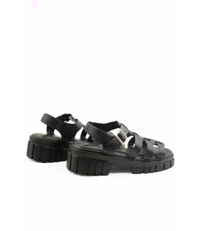 Flatform σε μαύρο χρώμα με φαρδιές πλεκτές φάσες και αγκράφα