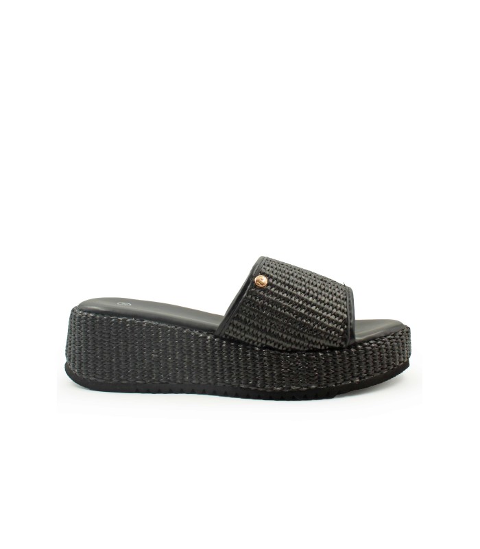 Flatform με ψάθινη φάσα και πλεκτή σόλα σε μαύρο χρώμα