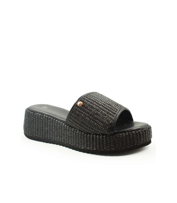 Flatform με ψάθινη φάσα και πλεκτή σόλα σε μαύρο χρώμα