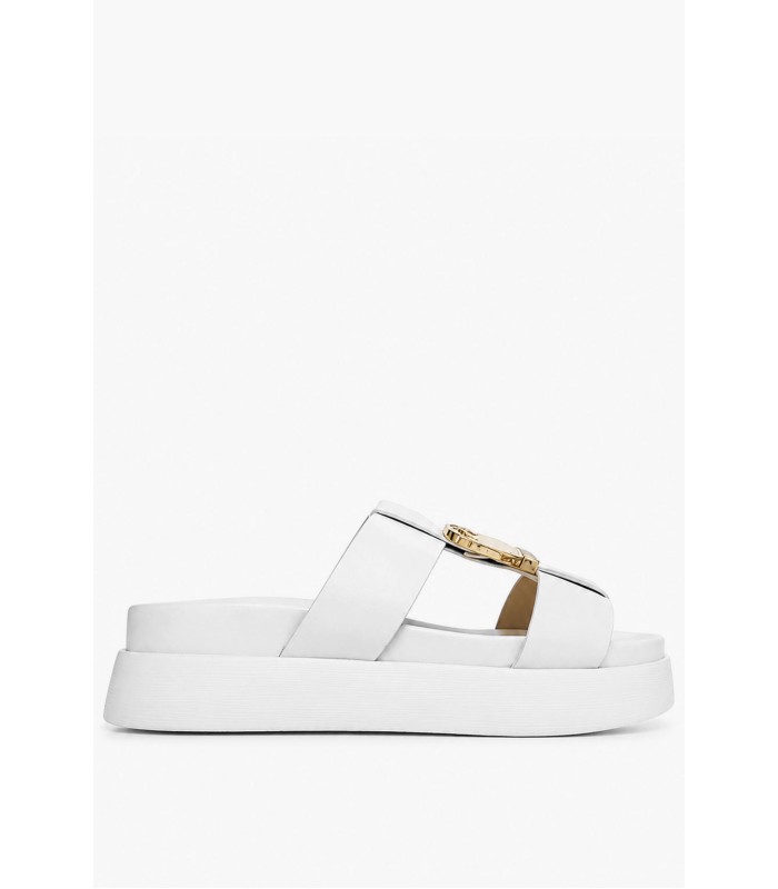 Λευκά flatform slides με χρυσή αγκράφα και ανατομικό πάτο